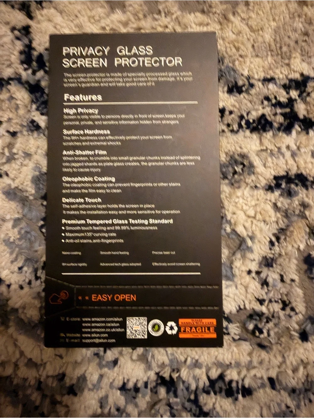 Ailun Privacy Glass Screen Protector Packaging - Black with Orange Accents